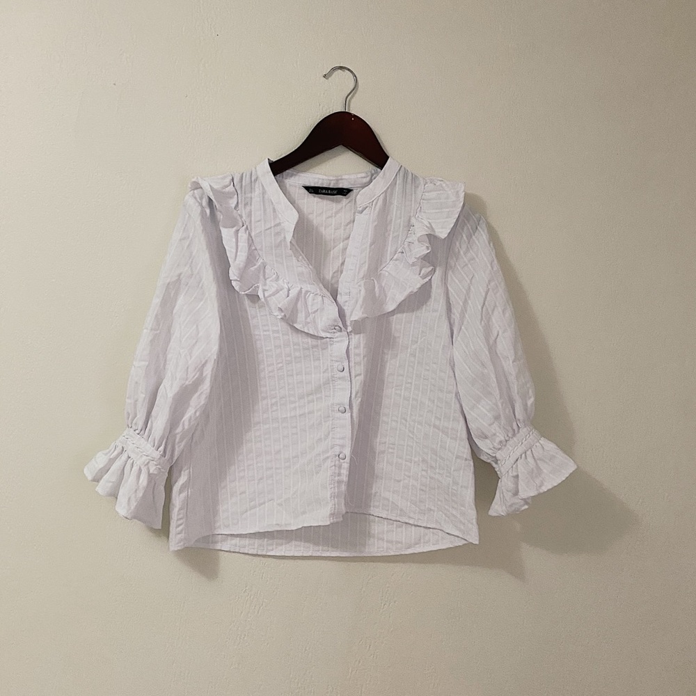 Zara Basic Ruffle White Button Down - image 1